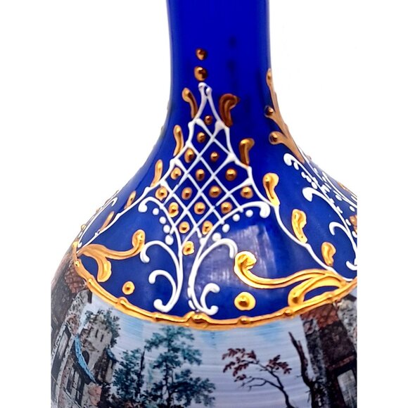 Murano Cobalt Blue Gold Pedestal Italian Victorian Scenes Decanter Wine Glasses - Picture 8 of 15
